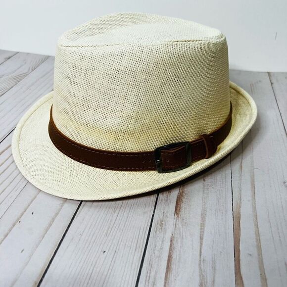 Women's Classic White Straw Fedora Sunhats Trilby Brown Leather Belt Size L/XL - Picture 1 of 4